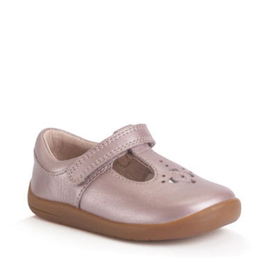 Eternal, Blush pearlised leather girls rip-tape T-bar first walking shoes