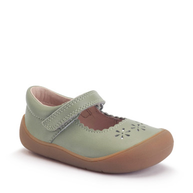 Eva, Dusky green leather girls rip-tape floral first walking shoes